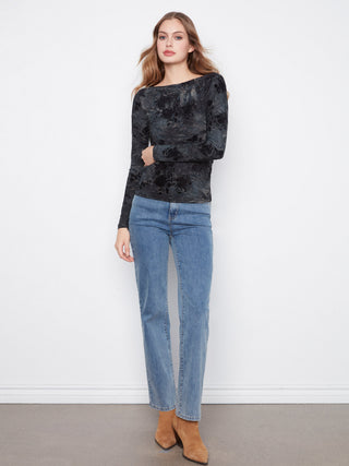 Flocked Floral Boatneck Top with Side Ruching by Charlie B in Midnight - view 3