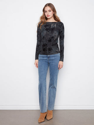 Flocked Floral Boatneck Top with Side Ruching by Charlie B in Midnight - view 4