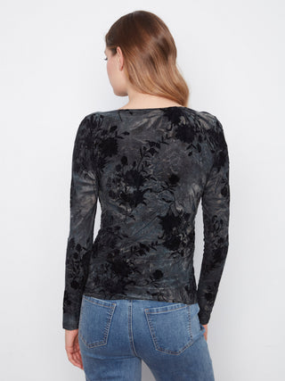 Flocked Floral Boatneck Top with Side Ruching by Charlie B in Midnight - view 5