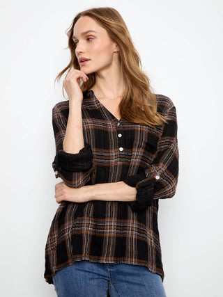 Double Gauze Roll Up Sleeve Plaid Blouse by Charlie B in Black/Multi