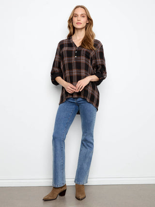 Double Gauze Roll Up Sleeve Plaid Blouse by Charlie B in Black/Multi - view 2