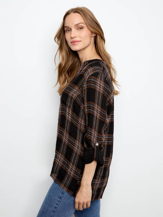 Double Gauze Roll Up Sleeve Plaid Blouse by Charlie B in Black/Multi - view 3