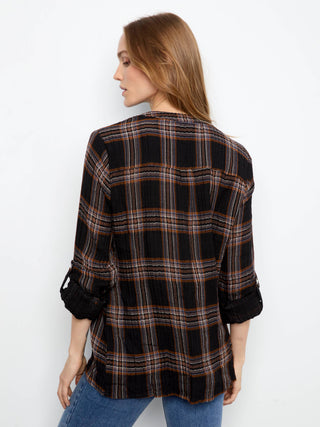 Double Gauze Roll Up Sleeve Plaid Blouse by Charlie B in Black/Multi - view 4