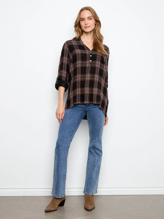 Double Gauze Roll Up Sleeve Plaid Blouse by Charlie B in Black/Multi - view 6
