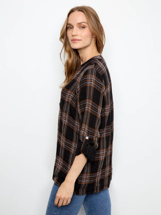 Double Gauze Roll Up Sleeve Plaid Blouse by Charlie B in Black/Multi - view 7