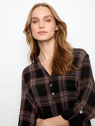 Double Gauze Roll Up Sleeve Plaid Blouse by Charlie B in Black/Multi - view 8