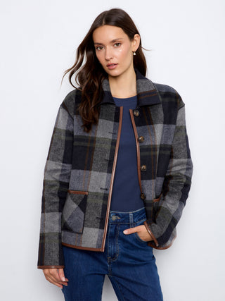 Reversible Plaid Jacket with Faux Leather Binding by Charlie B in Navy/Multi