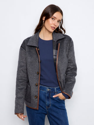 Reversible Plaid Jacket with Faux Leather Binding by Charlie B in Navy/Multi - view 2