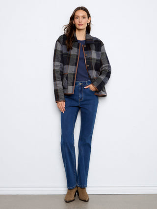 Reversible Plaid Jacket with Faux Leather Binding by Charlie B in Navy/Multi - view 3