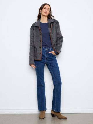 Reversible Plaid Jacket with Faux Leather Binding by Charlie B in Navy/Multi - view 4