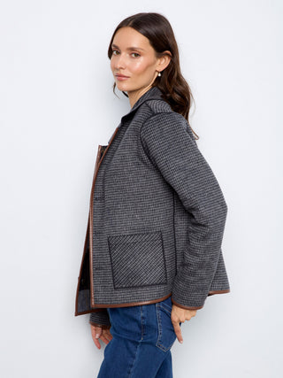 Reversible Plaid Jacket with Faux Leather Binding by Charlie B in Navy/Multi - view 6