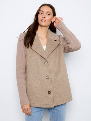 Wool Blend Jacket with Rib Sleeves by Charlie B in Taupe - view 3