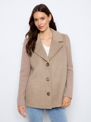 Wool Blend Jacket with Rib Sleeves by Charlie B in Taupe - view 7
