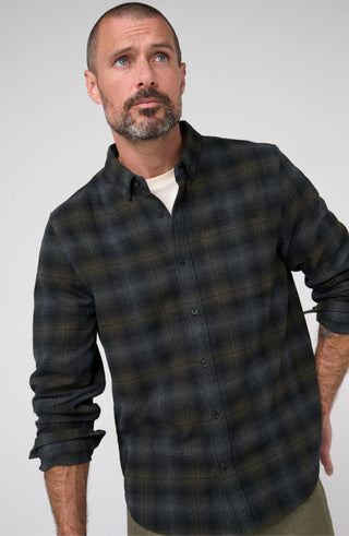 Plaid Flannel Button Up Shirt by Liverpool in Olive/Black/Grey