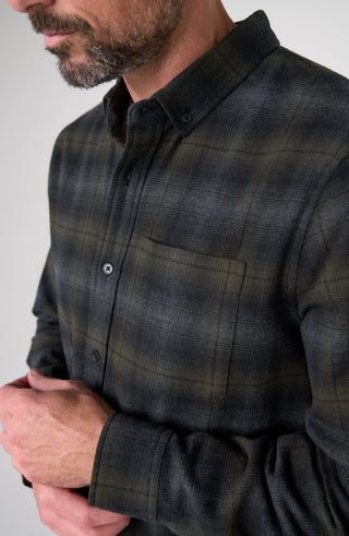 Plaid Flannel Button Up Shirt by Liverpool in Olive/Black/Grey - view 3