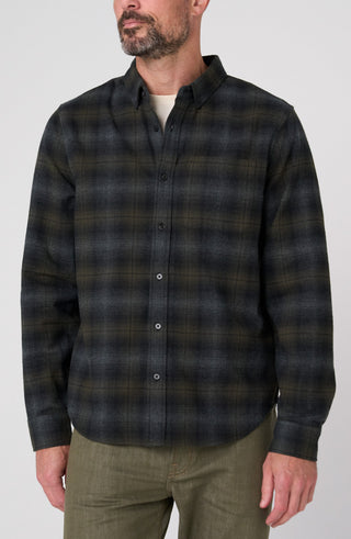 Plaid Flannel Button Up Shirt by Liverpool in Olive/Black/Grey - view 2