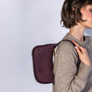 Mia Crescent Small Hobo Bag - Dark Cherry Suede