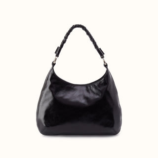 Hobo Madison Shoulder Bag in black polished leather, front