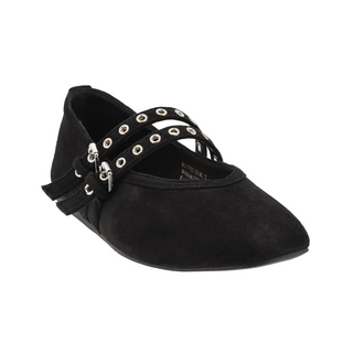 A black suede Mary Jane flat shoe with decorative straps featuring silver-tone metal grommets and a small silver charm, shown against a plain white background.