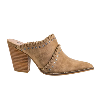 A light brown suede mule heel featuring a stacked wood-look block heel, braided strap detailing, and silver-tone studs, shown against a plain white background.