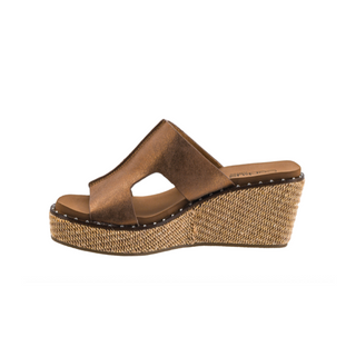 A women's wedge slide sandal in metallic brown faux leather with a woven jute platform wedge, shown from a side profile view on a white background.