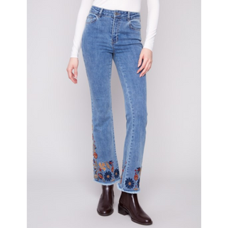 Flare Denim Pants with Embroidery