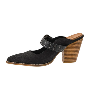 A single women's mule sandal in black embossed leather with a studded strap, shown from a side profile against a white background.