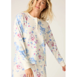 Rose Print Waffle-Knit Henley Top