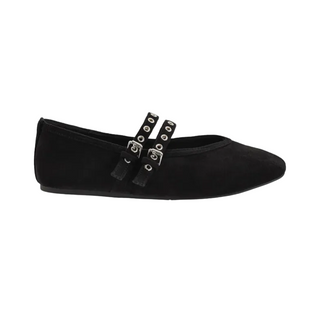 A black suede flat shoe with two decorative straps across the top, each detailed with silver-tone metal studs and a buckle, shown against a plain white background.