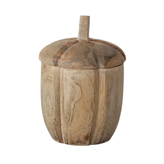 Tall hand-carved mango wood pumpkin container with lid