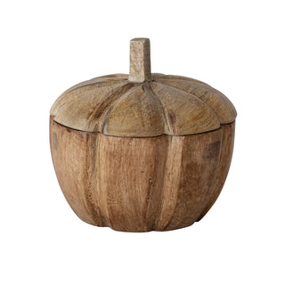 Short hand-carved mango wood pumpkin container with lid