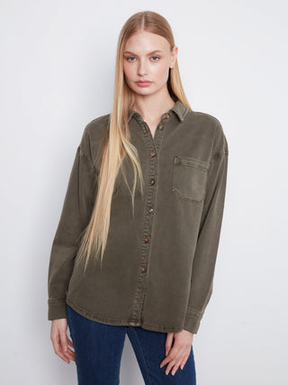 Smooth Twill Long Sleeve Overshirt by Charlie B in Moss
