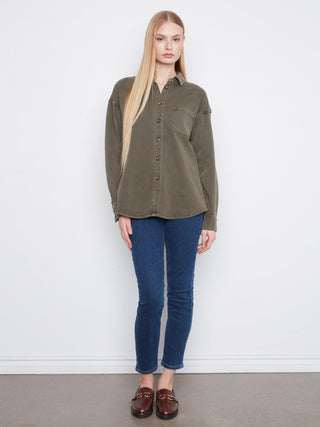 Smooth Twill Long Sleeve Overshirt by Charlie B in Moss - view 2