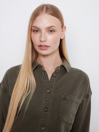 Smooth Twill Long Sleeve Overshirt by Charlie B in Moss - view 5