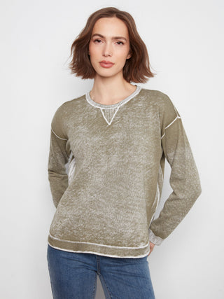 Crewneck Rounded Hem Sweater by Charlie B in Verveine Green