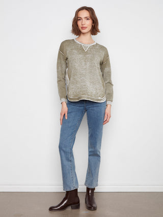 Crewneck Rounded Hem Sweater by Charlie B in Verveine Green - view 2
