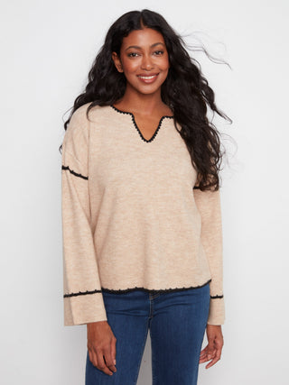 Embroidered Notch Neck Sweater by Charlie B in Almond