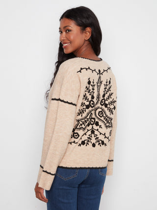 Embroidered Notch Neck Sweater by Charlie B in Almond - view 2