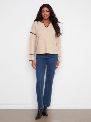Embroidered Notch Neck Sweater by Charlie B in Almond - view 3