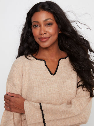 Embroidered Notch Neck Sweater by Charlie B in Almond - view 4