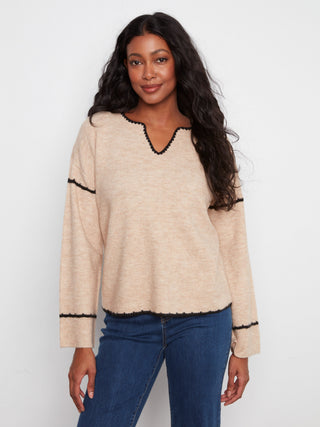 Embroidered Notch Neck Sweater by Charlie B in Almond - view 5