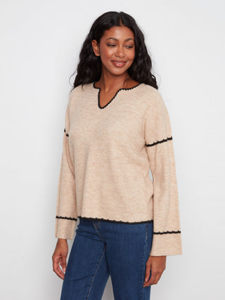 Embroidered Notch Neck Sweater by Charlie B in Almond - view 6