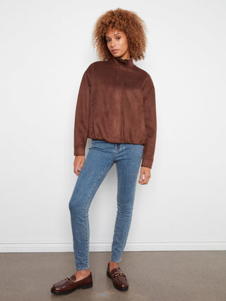 Faux Suede Bomber Jacket by Charlie B in Coffee - view 3