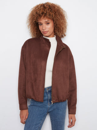 Faux Suede Bomber Jacket by Charlie B in Coffee - view 4