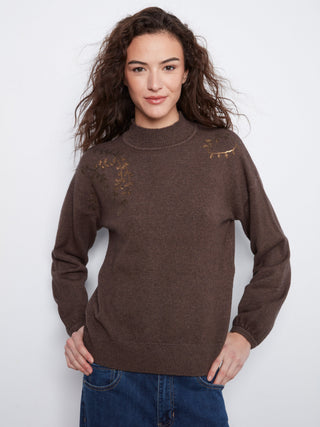 Mock Neck Sweater with Sequin Shoulder Detail by Charlie B in Coffee