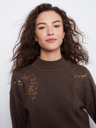 Mock Neck Sweater with Sequin Shoulder Detail by Charlie B in Coffee - view 2