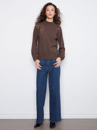 Mock Neck Sweater with Sequin Shoulder Detail by Charlie B in Coffee - view 3