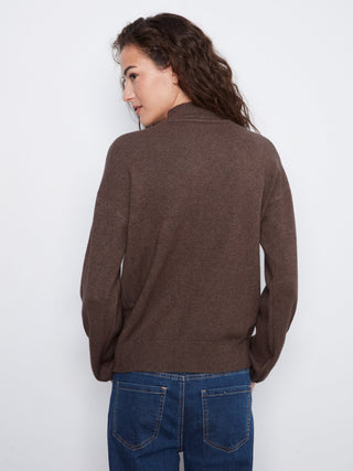 Mock Neck Sweater with Sequin Shoulder Detail by Charlie B in Coffee - view 4