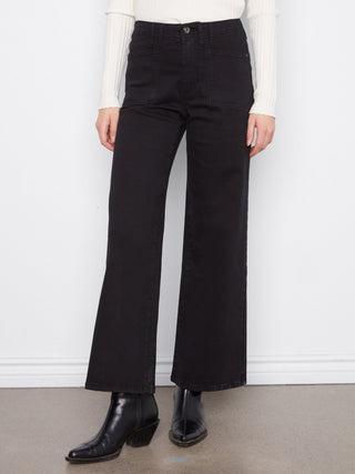 Wide Leg Twill Pants with Patch Pockets by Charlie B in Black - view 2