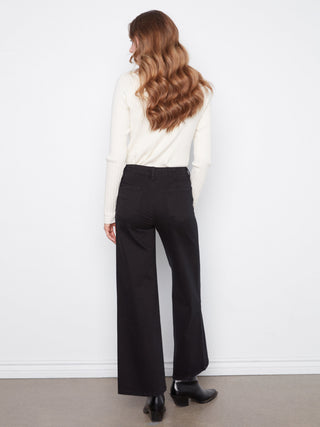 Wide Leg Twill Pants with Patch Pockets by Charlie B in Black - view 3